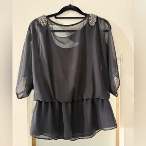 Chic Black Sheer Blouse with Embellished Shoulders